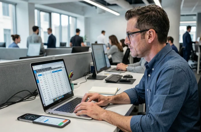 Homme en open space consultant un tableau Excel pour suivre et calculer ses heures de travail hebdomadaires
