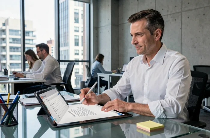 Homme en bureau d'entreprise remplissant un formulaire PDF interactif sur une tablette avec un stylet