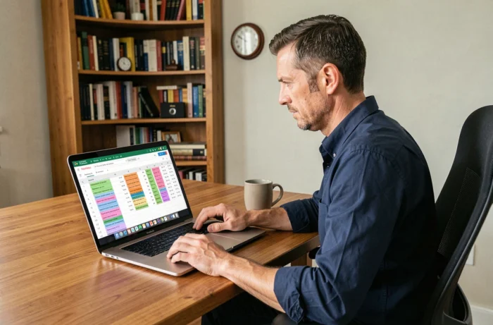 Homme en télétravail utilisant un tableau Excel pour suivre et calculer ses heures de travail depuis son bureau à domicile