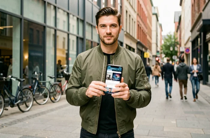 Jeune homme en ville consultant le site Wype sur son smartphone pour suivre les actualités digitales et les tendances tech