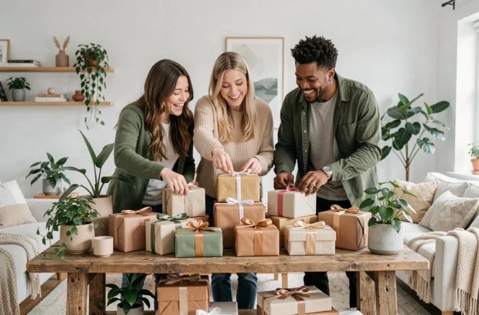 Groupe d'amis souriants découvrant des idées de cadeaux sur une étagère dans un salon scandinave