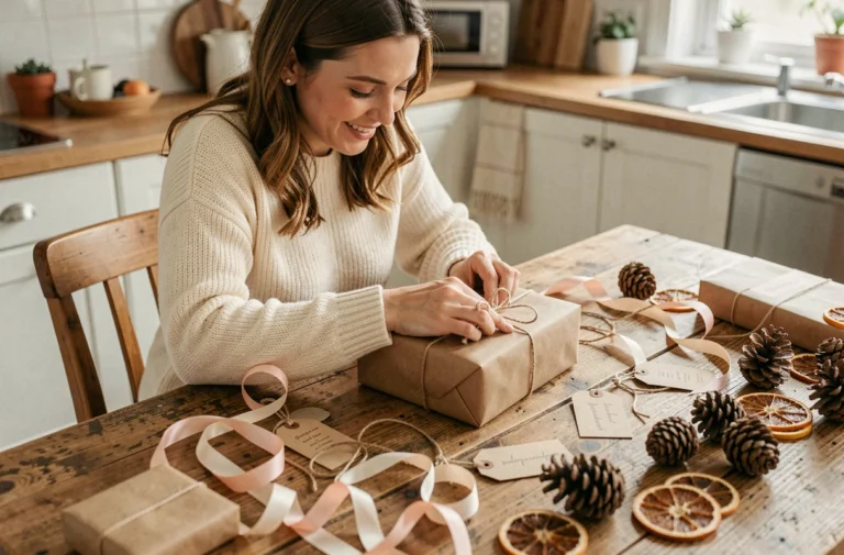 Femme enveloppant des cadeaux sur une table en bois décorée de rubans et d'accessoires de Noël