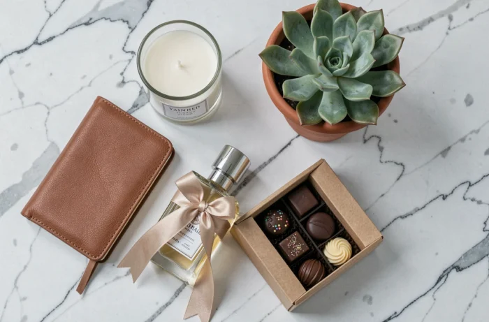Assortiment de cadeaux raffinés à offrir pour toutes les occasions disposés en flat lay sur marbre blanc