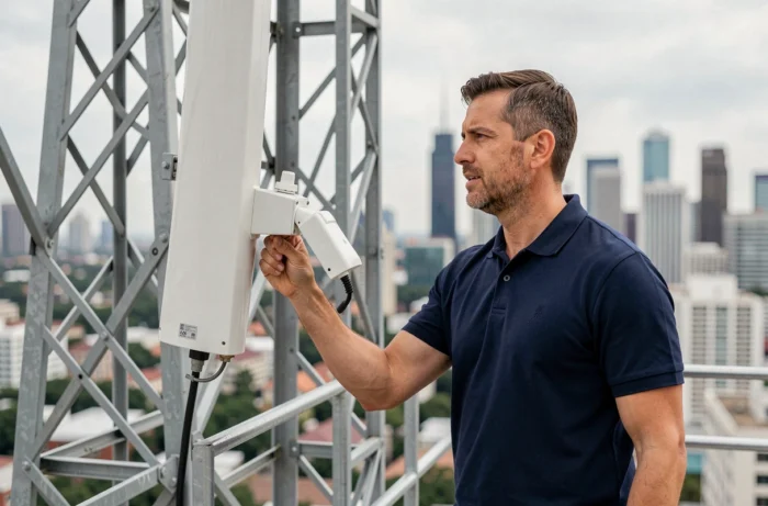 Ingénieur télécoms inspectant une antenne 5G sur un pylône urbain en extérieur