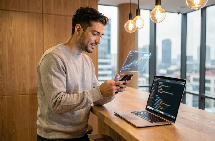 Jeune homme explorant une interface de réalité augmentée sur smartphone dans un espace de co-working contemporain