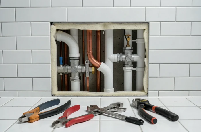 Vue détaillée d'une installation de plomberie domestique ouverte dans un mur de salle de bain avec tuyaux en cuivre, raccords PVC et robinets d'arrêt visibles