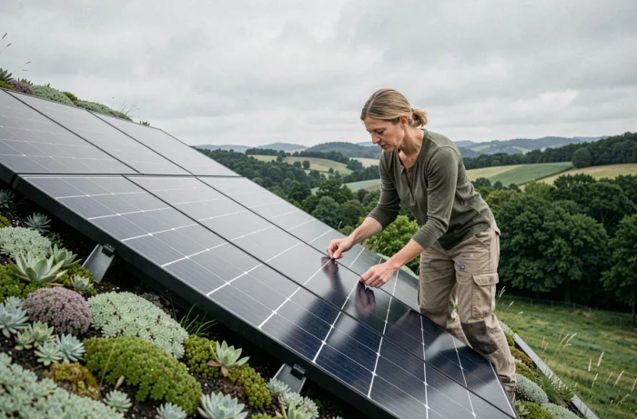 Ouvrière installant des tuiles solaires sur la toiture végétalisée d'une maison passive en milieu rural