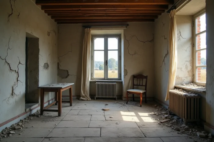Intérieur délabré d'une maison abandonnée en France avec murs en plâtre fissuré et mobilier ancien oublié