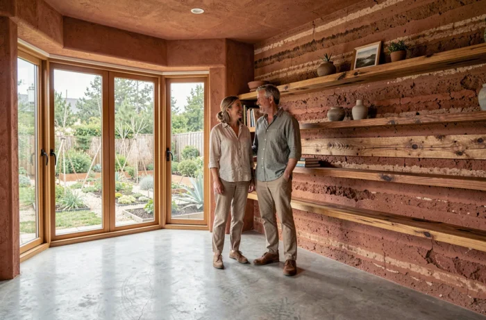 Couple découvrant l'intérieur en pisé et béton poli de leur maison écologique avec jardin en permaculture