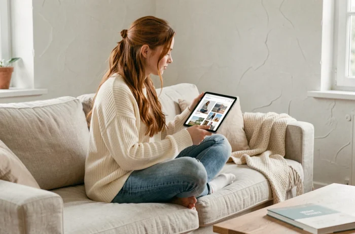 Jeune femme consultant les pages de Pop Shot sur une tablette dans un salon scandinave