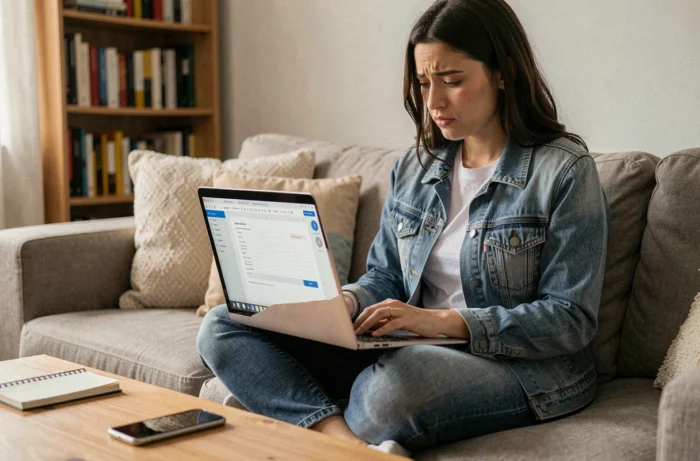 Jeune femme sur un canapé utilisant un outil en ligne pour créer un formulaire PDF à remplir