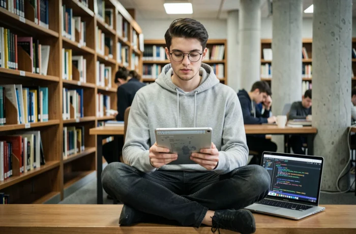 Jeune homme utilisant une tablette pour suivre un cours de coding en ligne dans une bibliothèque universitaire