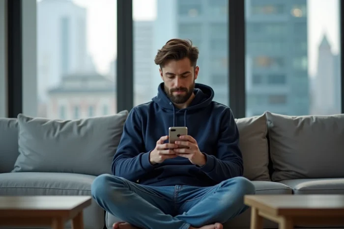 Jeune homme concentré jouant à un jeu de devinettes de mots sur smartphone dans un salon moderne
