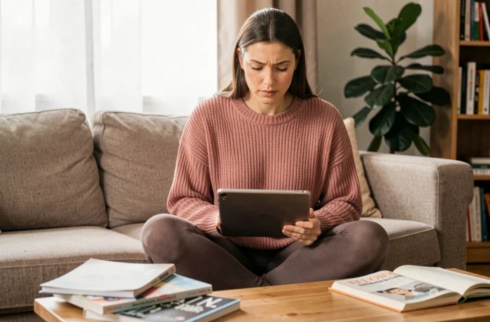 Jeune maman connectée qui regarde des conseils parentaux sur une tablette depuis son salon confortable