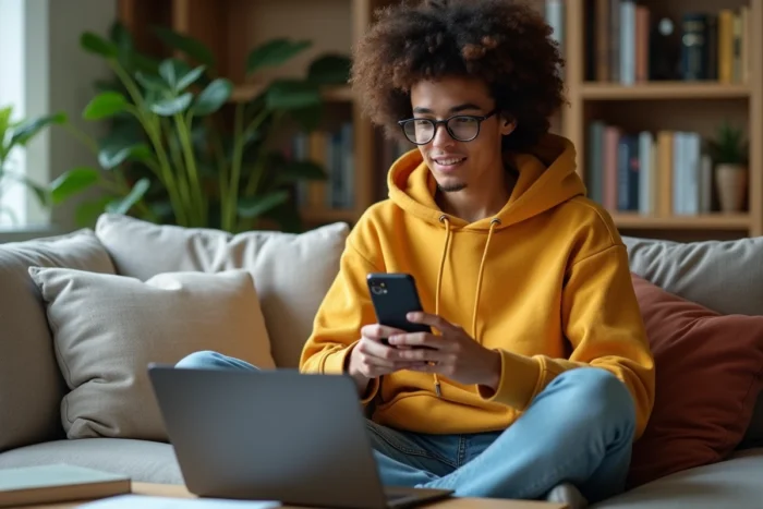 Jeune personne utilisant un smartphone et un ordinateur portable pour faciliter ses recherches en ligne depuis son salon