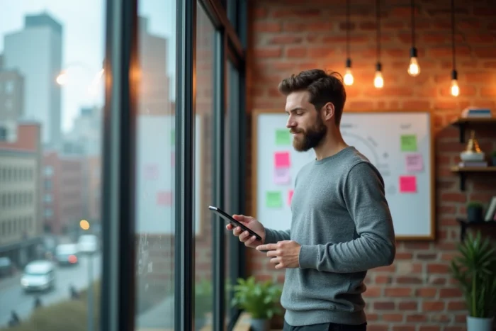 Jeune professionnel en marketing digital présentant des tendances de campagne sur smartphone devant un tableau de stratégie dans un espace de coworking