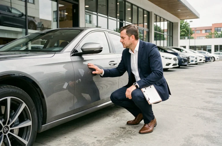 Journaliste automobile analysant une berline moderne devant une concession automobile contemporaine
