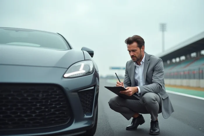 Journaliste automobile prenant des notes lors d'un essai sur circuit d'une berline moderne