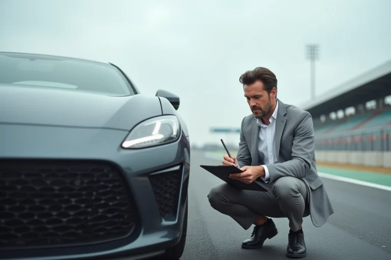 Journaliste automobile prenant des notes lors d'un essai sur circuit d'une berline moderne
