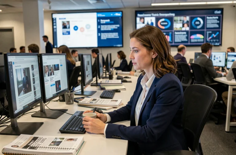 Journaliste femme dans une salle de rédaction moderne consultant des actualités sur écran