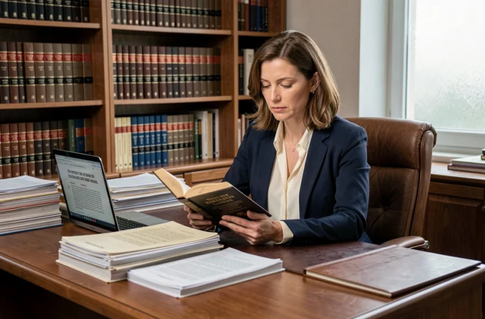 Juriste française étudiant un code juridique dans un cabinet d'avocats avec des dossiers et des livres de droit