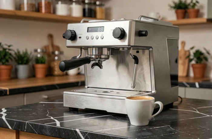 Machine à expresso en acier inoxydable sur un plan de travail en marbre noir avec une tasse d'espresso et une crème dorée