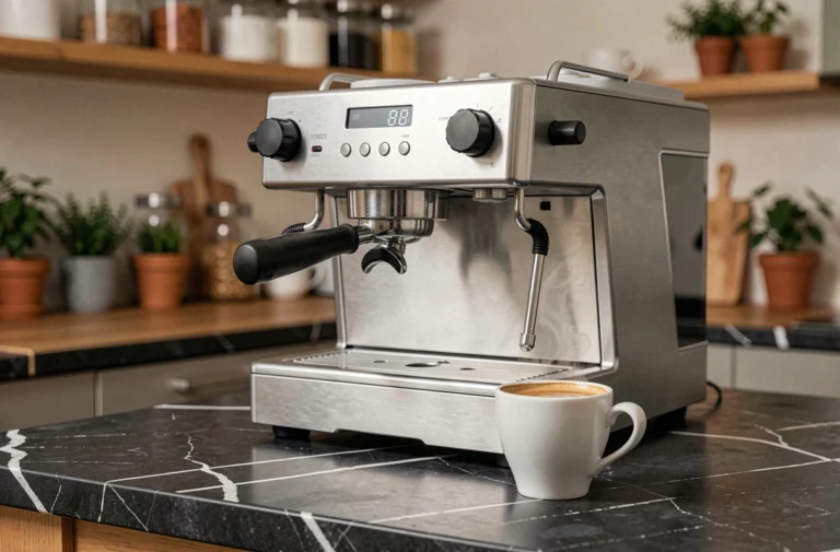 Machine à expresso en acier inoxydable sur un plan de travail en marbre noir avec une tasse d'espresso et une crème dorée