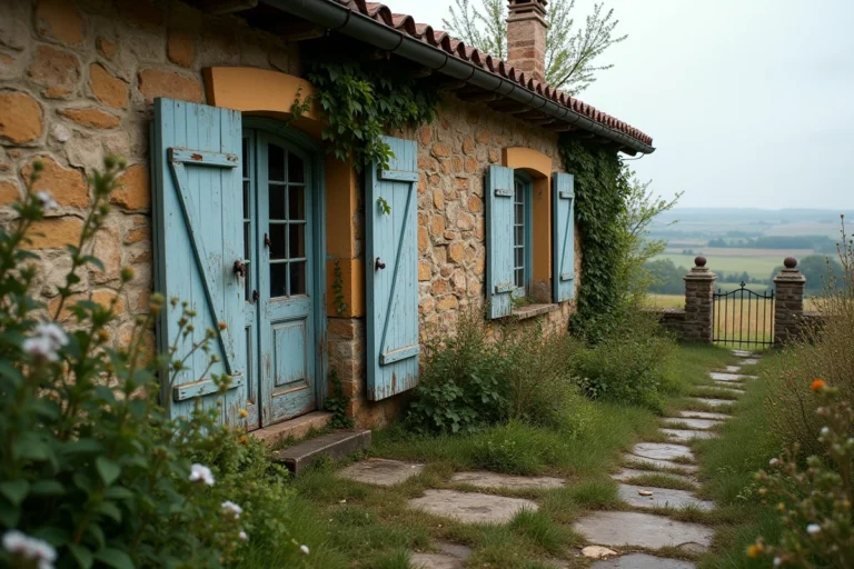 Maison abandonnée en pierre dans la campagne française avec volets délavés et végétation envahissante