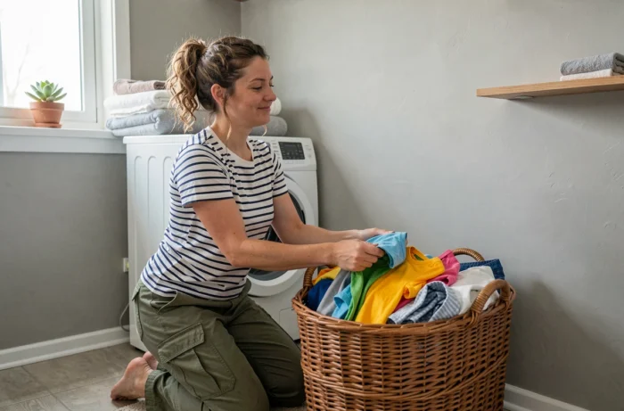 Maman active qui trie le linge de ses enfants dans une buanderie bien organisée au quotidien