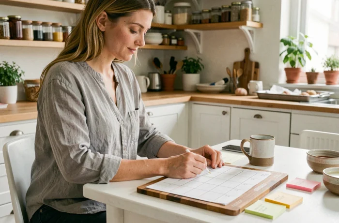 Maman moderne organisant son planning familial à la cuisine avec un agenda en bois et des notes autocollantes