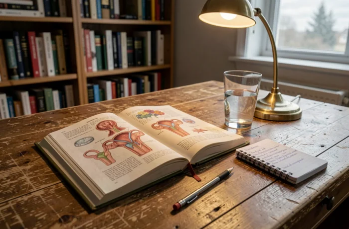 Manuel de biologie ouvert sur des schémas anatomiques du système reproducteur, sur un bureau de bibliothèque avec des notes manuscrites