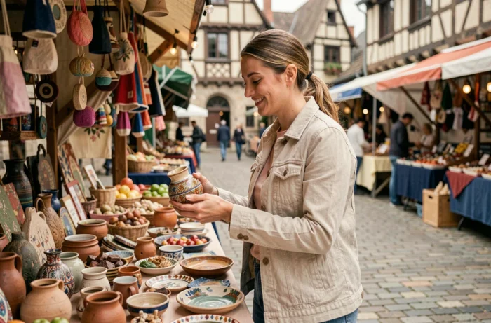 Femme explorant un marché artisanal en plein air à Rennes, entourée d'artisanat local et de bâtiments à colombages