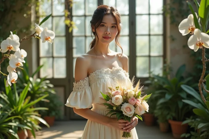 Mariée en robe de mariée en soie contemporaine tenant un bouquet de pivoines et de pampa dans une serre botanique verdoyante, tendance mariage 2024