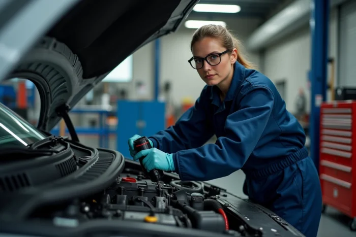 Mécanicienne professionnelle effectuant un diagnostic moteur dans un garage automobile moderne