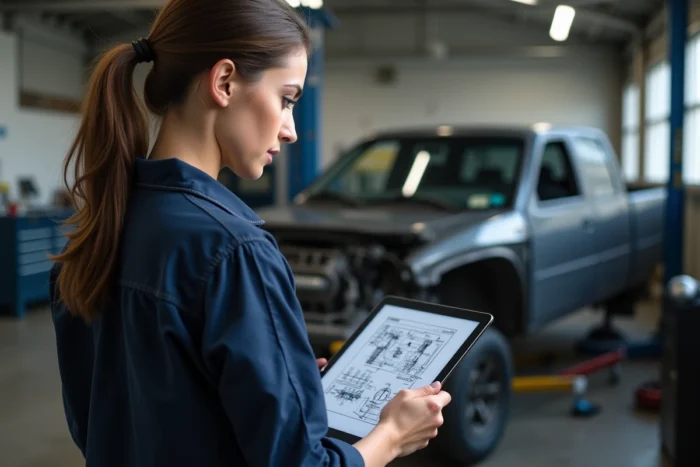 Mécanicienne consultant une revue technique automobile gratuite en PDF sur une tablette dans un garage