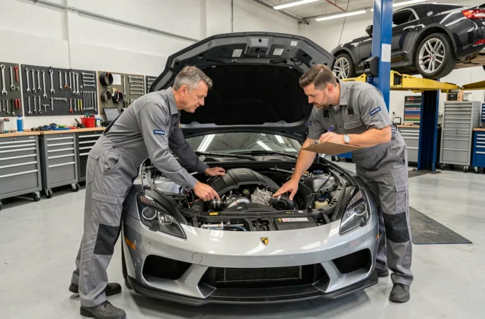 Deux mécaniciens professionnels inspectant le moteur d'une voiture de sport dans un atelier automobile