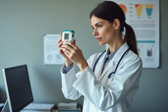Professionnelle de santé tenant un éthylotest dans un cabinet médical pour expliquer le taux d'alcoolémie
