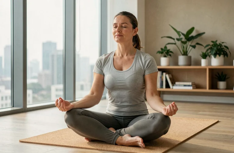 Femme pratiquant la méditation sur un tapis de yoga dans un appartement moderne, illustration bien-être et santé mentale