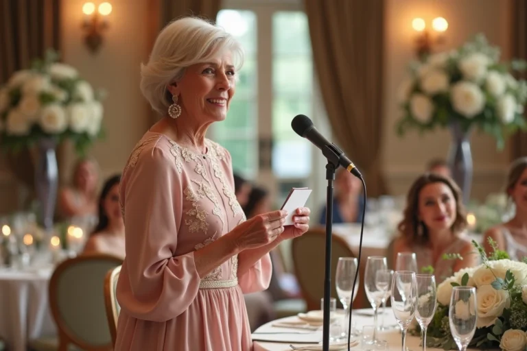 Mère du marié debout au micro lors de la réception de mariage, tenant une flûte de champagne et une note de discours, émue et souriante