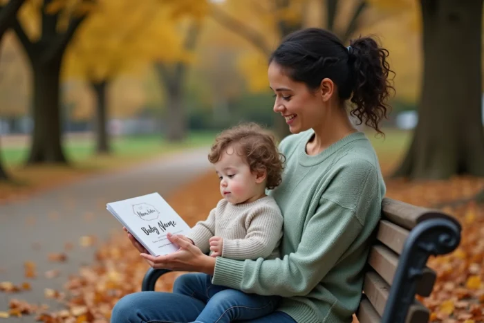Mère et enfant regardant ensemble un livre de prénoms dans un parc en automne avec des feuilles ambrées