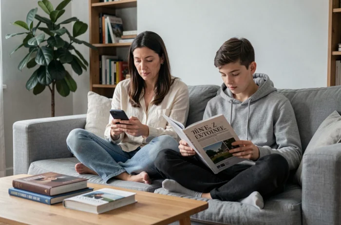 Mère et fils adolescent lisant les actualités sur smartphone et magazine dans un salon moderne et cosy