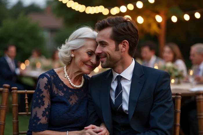 Mère du marié et son fils partageant un moment émouvant lors du banquet de mariage en plein air avec des guirlandes lumineuses en arrière-plan