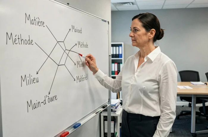 Femme cadre expliquant la méthode des 5M devant un diagramme d'Ishikawa dessiné sur un tableau blanc en salle de formation