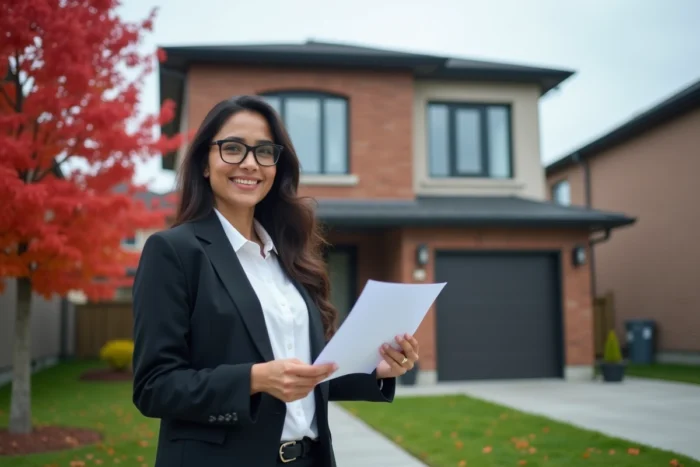 Femme étrangère devant une maison à vendre au Canada, tenant une fiche de propriété immobilière dans un quartier résidentiel canadien