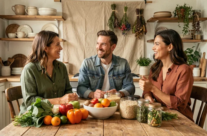 Groupe d'adultes discutant de nutrition saine autour d'une table avec des aliments frais, conseils santé et prévention