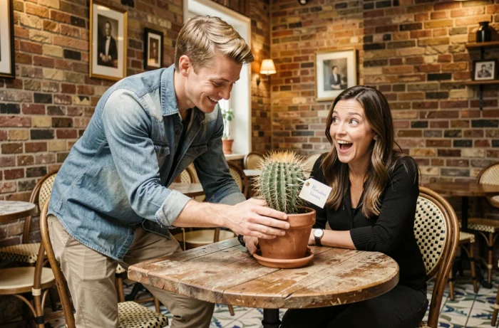 Homme offrant un cactus en pot avec un mot doux à une femme dans un café parisien chaleureux