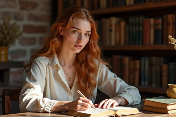 Jeune femme aux cheveux auburn feuilletant un livre ancien sur l'étymologie du prénom Ambre dans une bibliothèque chaleureuse