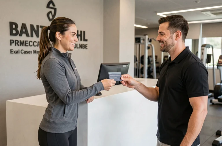 Une femme présente sa carte de membre Basic Fit à la réception d'une salle de sport moderne