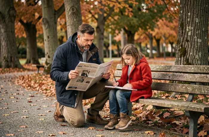 Père lisant le journal sur un banc de parc en automne pendant que sa fille dessine à ses côtés