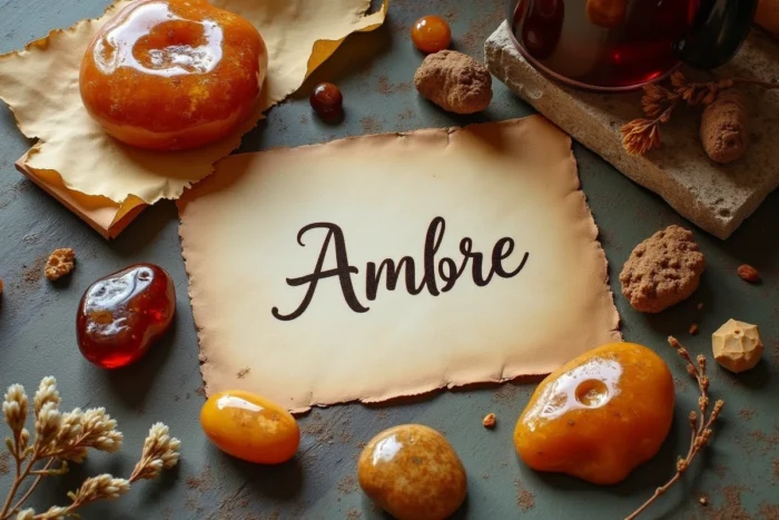 Pierres d'ambre naturelles et calligraphie du prénom Ambre sur une surface en pierre ancienne avec des herbes séchées